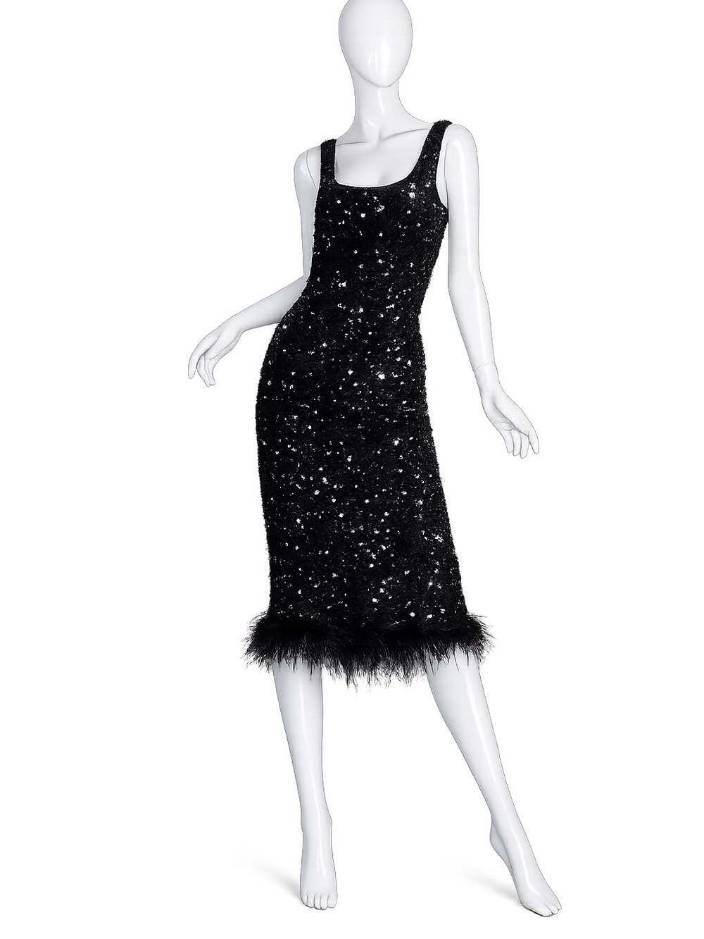 Fashion Nova Size M Midi Black Sequin Dress with Feather Trim